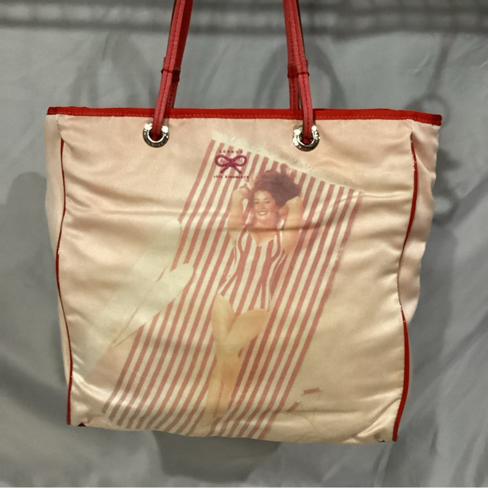 Anya Hindmarch Vintage Beach Model Shopper Tote Satin W/ Leather EUC
